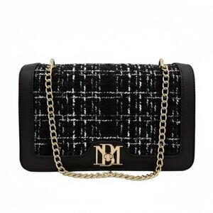 Badgley Mischka Tweed Crossbody Handbag (Black/White Grid, Gold Chain Strap)
